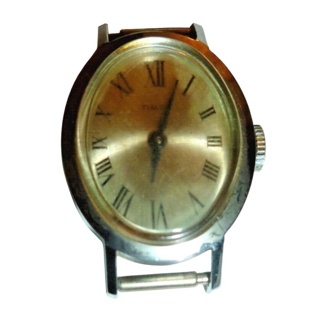Vintage Timex Oval Silver Tone Roman Numeral Manual Wind Watch Head Only